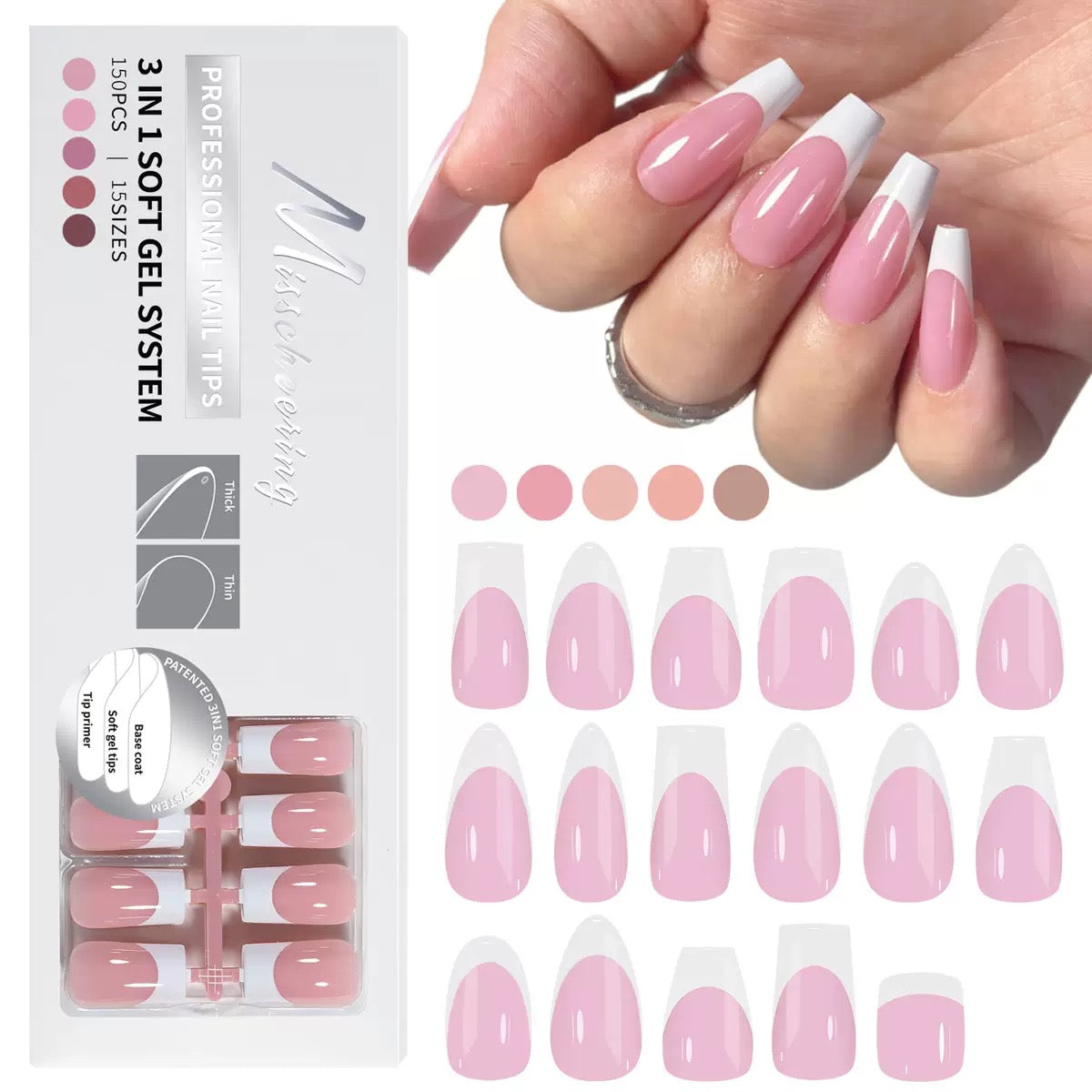 ShesColor French Gel Nail Tips, 150Pcs French Tip Press on Nails Long Square Pink