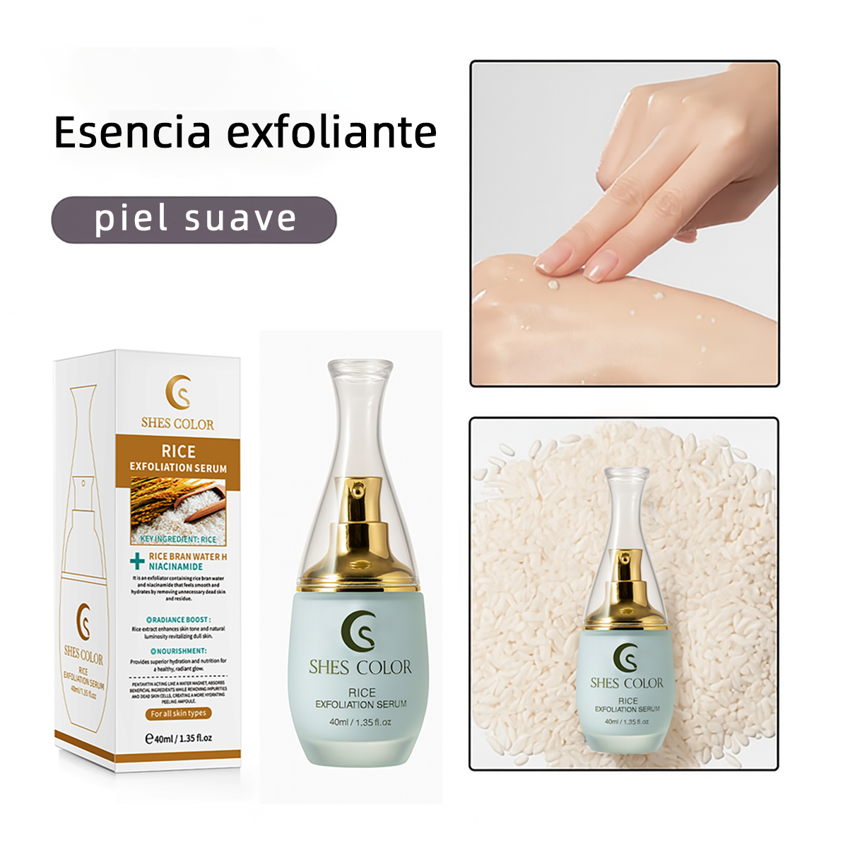SHES COLOR Rice Exfoliation Serum – Rice Bran Water & Niacinamide Gentle Peeling Serum, 40ml