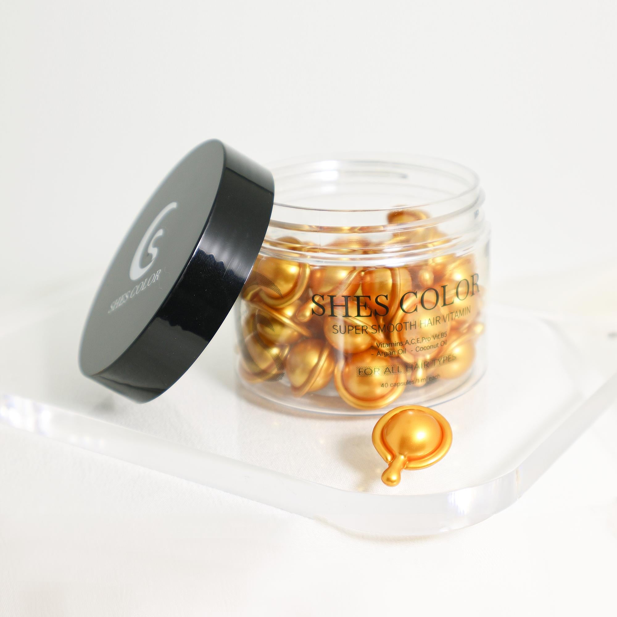 SHES COLOR Super Smooth Hair Vitamin Capsules – Leave-In Frizz Control Hair Oil with Argan & Coconut Oil, 40 Capsules