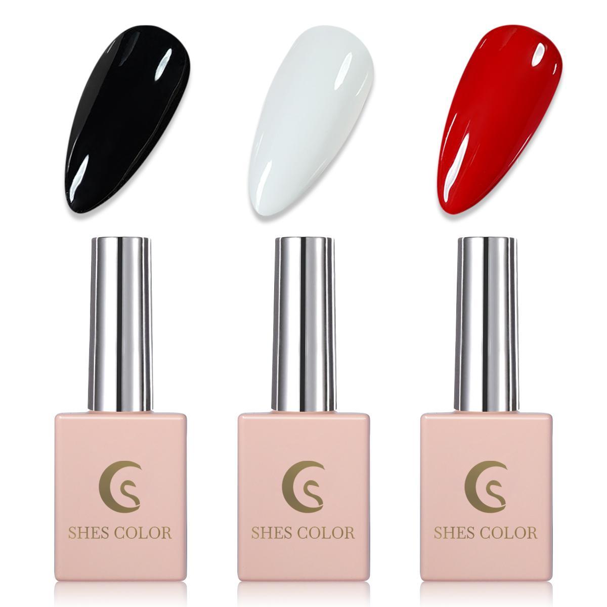 ShesColor 3 PCS Gel Nail Polish Set-Red White Pink Black Colors Gel Polish Kit